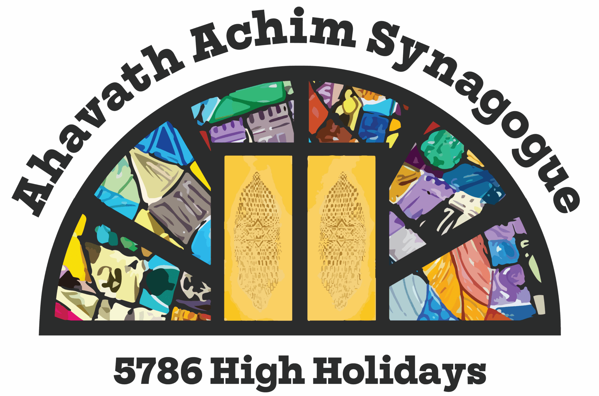 Colorful stained glass logo of a church with text beneath.